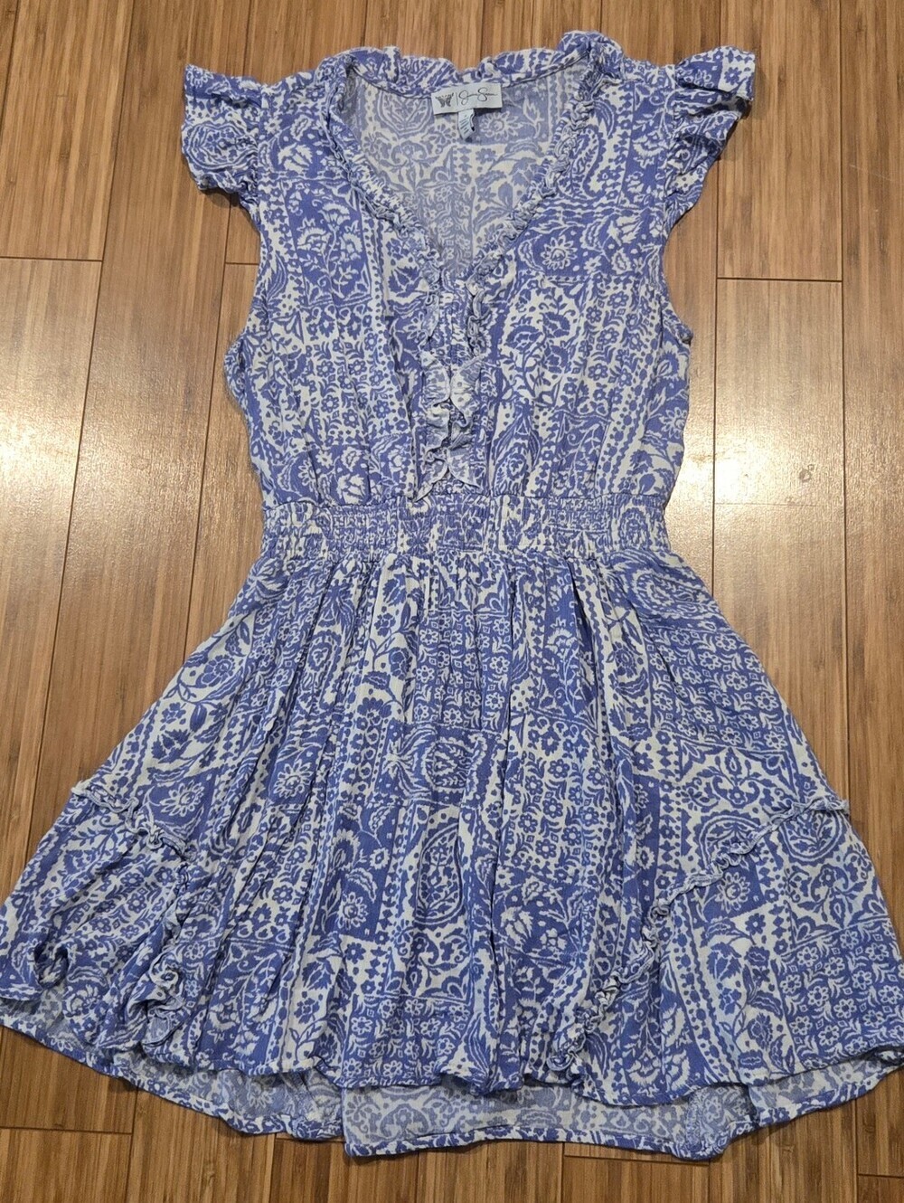 Jessica Simpson Blue & White Paisley Ruffle Mini Dress